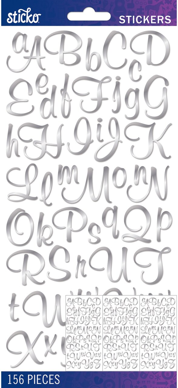 Sticko Alphabet Stickers - Script Medium, Silver Foil, 156pcs
